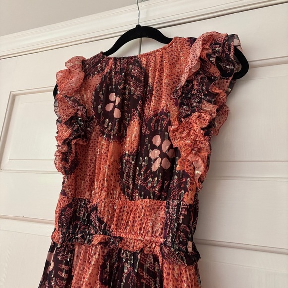 Ulla Johnson Akira Metallic Shibori Silk Printed Midi Dress Coral Pink‎ Size 6 - Picture 15 of 17
